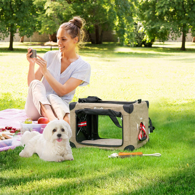 Collapsible dog transport box with handle, Khaki, 48.5x33.5x33cm