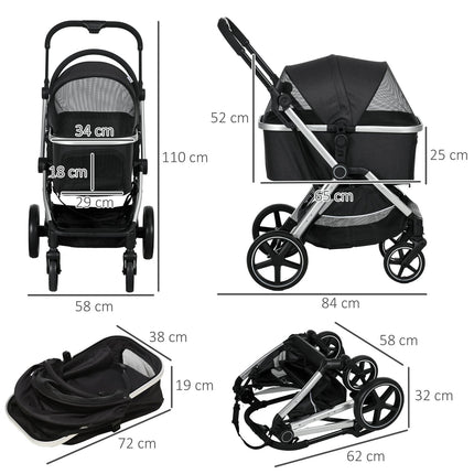 Hondenbuggy Hondenwagen Met Regenhoes Huisdierwagen Kattenbuggy Met Veiligheidslijnen Buggy Voor Kleine Honden Oxford Zwart 84 X 58 X 110 Cm