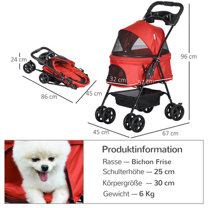 Collapsible red pet carriage for small dogs & cats 67x45x96cm
