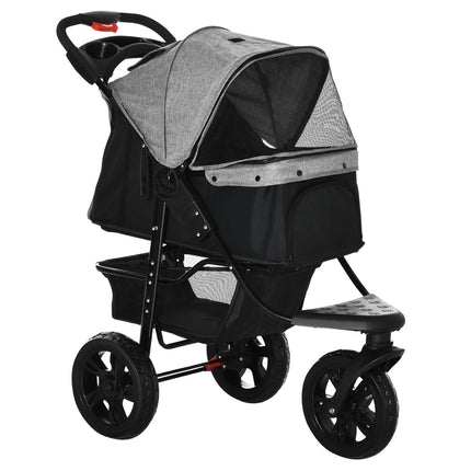 Collapsible 3-wheel pet stroller, grey/black, for dogs and cats