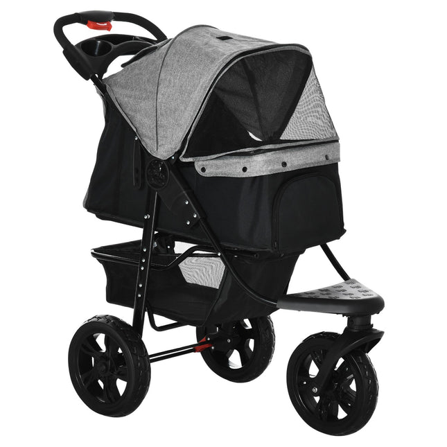 Collapsible 3-wheel pet stroller, grey/black, for dogs and cats