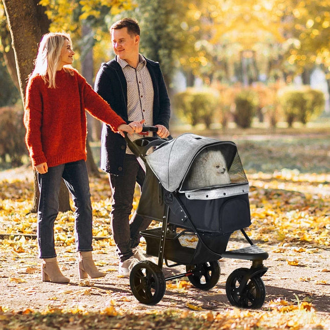 Collapsible 3-wheel pet stroller, grey/black, for dogs and cats