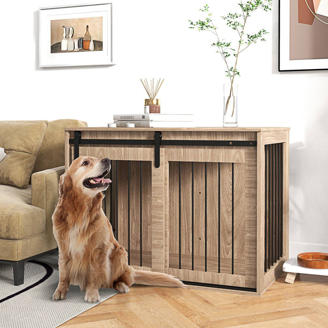 Sliding door dog cage - wooden look, locking, large 30 kg