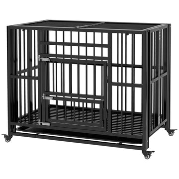Steel dog cage with wheels & double doors, 94x58x78 cm