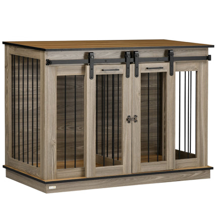 Dog crate with double doors, two-room option, oak finish