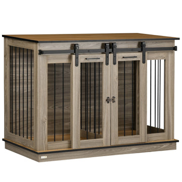 Dog crate with double doors, two-room option, oak finish
