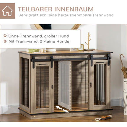 Dog crate with double doors, two-room option, oak finish