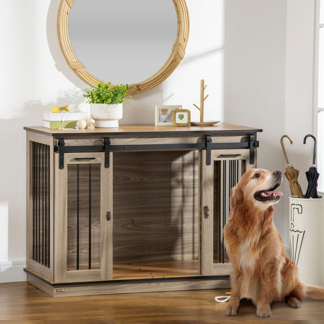 Dog crate with double doors, two-room option, oak finish