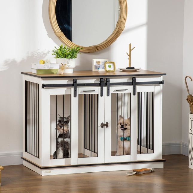 White dog cage with double rooms and double doors, medium size