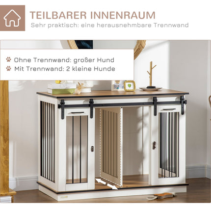 Hondenkooi, huisdierkooi, hondenhok met optie voor twee kamers voor middelgrote honden, hondenbench met dubbele deuren, hondenhok, wit, 120 x 60 x 88,5 cm Aosoom