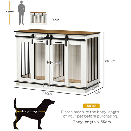 Hondenkooi, huisdierkooi, hondenhok met optie voor twee kamers voor middelgrote honden, hondenbench met dubbele deuren, hondenhok, wit, 120 x 60 x 88,5 cm Aosoom
