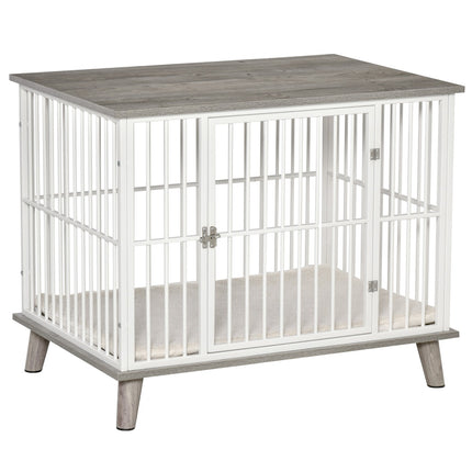 Dog box with wooden look, table top, cushion, medium, white/grey
