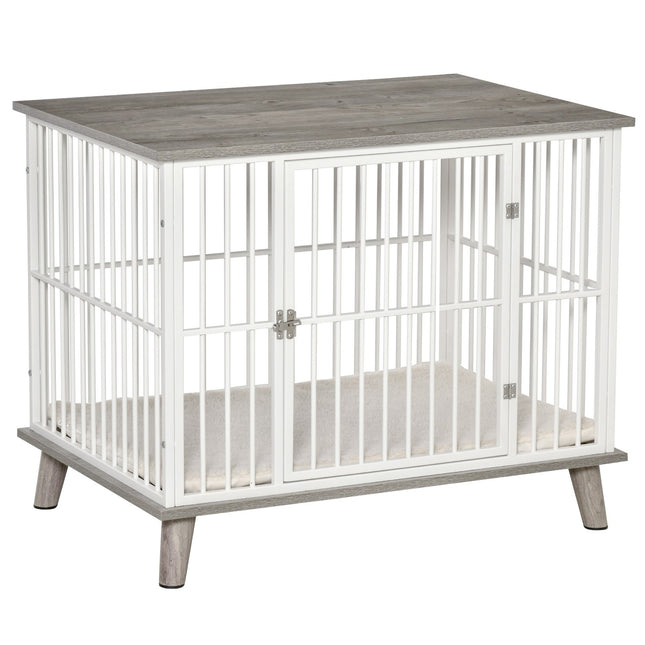 Dog box with wooden look, table top, cushion, medium, white/grey