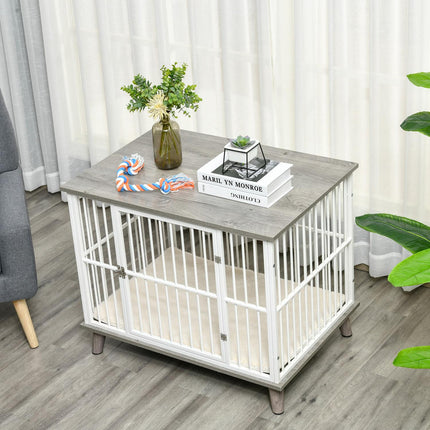 Dog box with wooden look, table top, cushion, medium, white/grey