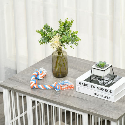Dog box with wooden look, table top, cushion, medium, white/grey