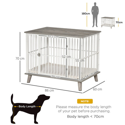 Dog box with wooden look, table top, cushion, medium, white/grey