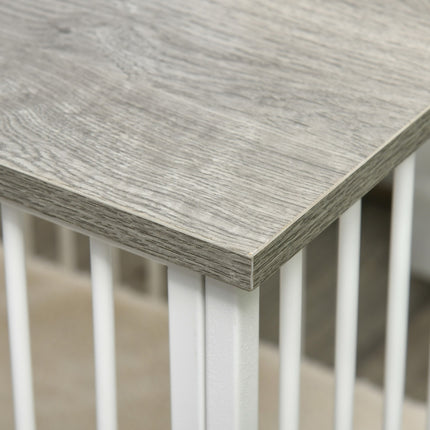 Dog box with wooden look, table top, cushion, medium, white/grey