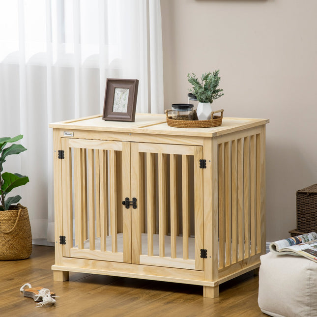 Wooden dog house with cushion - Medium, natural finish
