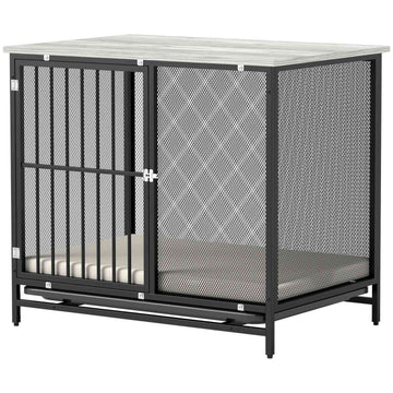 Lockable dog box with cushion, Grey, 88 x 55 x 71 cm