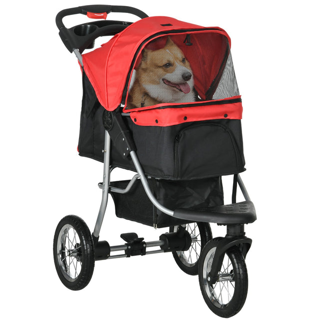Pet Stroller, Foldable 3 Wheel, Red & Black Oxford Fabric