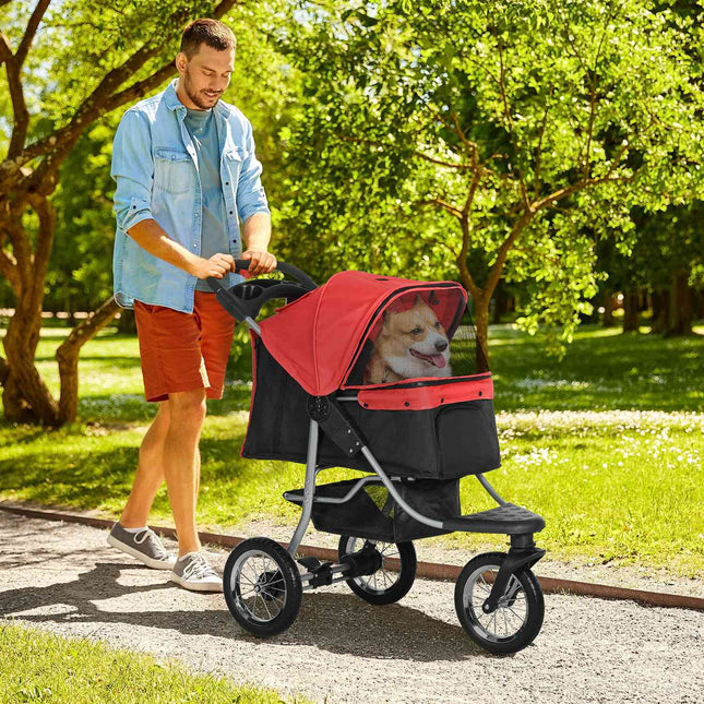 Pet Stroller, Foldable 3 Wheel, Red & Black Oxford Fabric