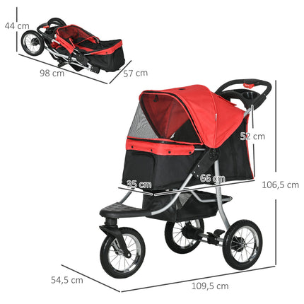 Pet Stroller, Foldable 3 Wheel, Red & Black Oxford Fabric