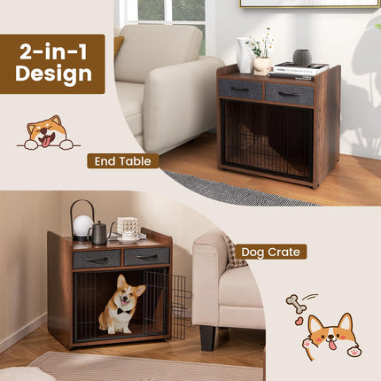 Dog Crate Furniture End Table With 2 Fabric Drawers