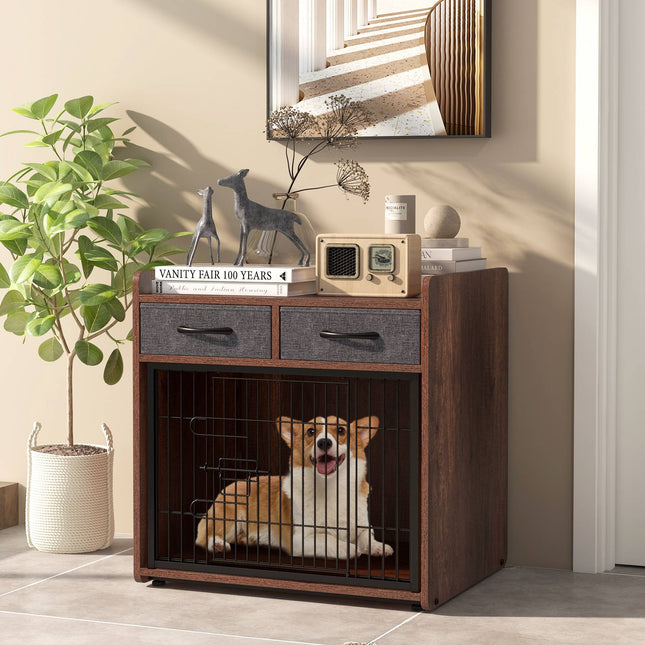 Dog Crate Furniture End Table With 2 Fabric Drawers