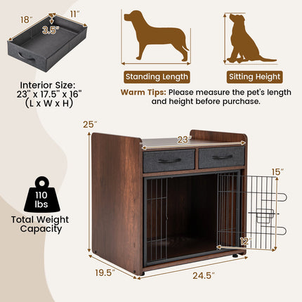 Dog Crate Furniture End Table With 2 Fabric Drawers