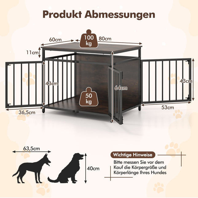 Dog Crate Furniture with 3 Doors, Wood, 80x60x64 cm