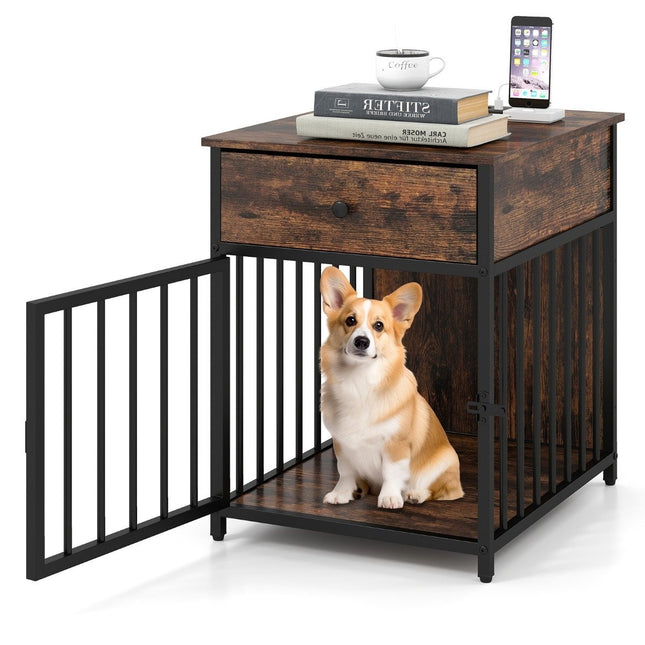 Dog Crate Furniture with Charging Station & Drawer