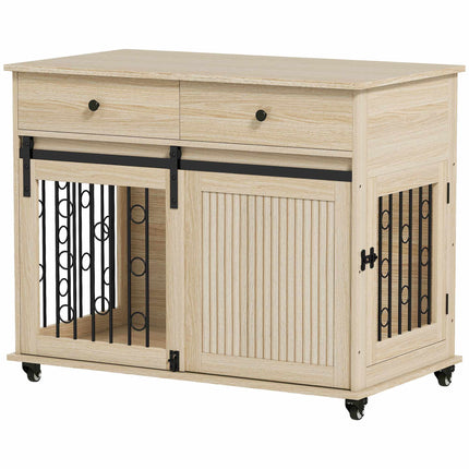 Dog Crate on Wheels, 2 Doors, 2 Drawers, Wood & Steel