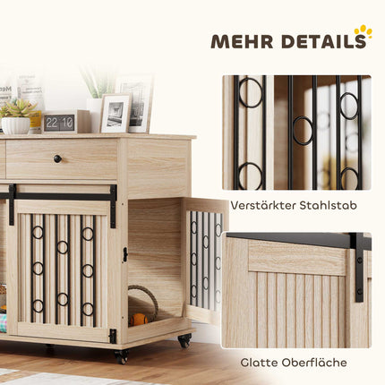 Dog Crate on Wheels, 2 Doors, 2 Drawers, Wood & Steel
