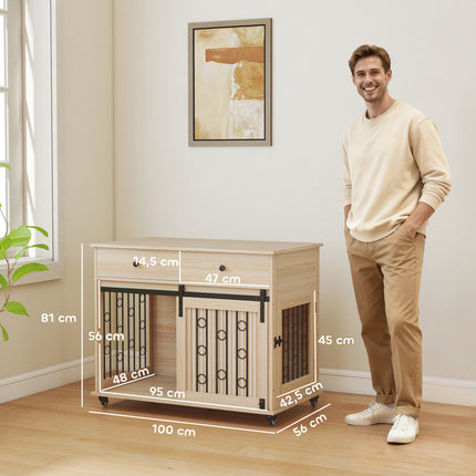 Dog Crate on Wheels, 2 Doors, 2 Drawers, Wood & Steel