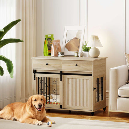 Dog Crate on Wheels, 2 Doors, 2 Drawers, Wood & Steel