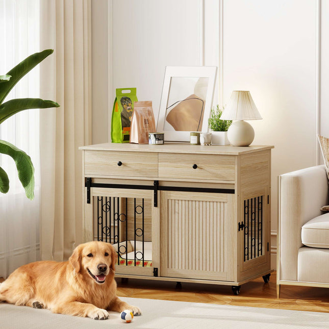 Dog Crate on Wheels, 2 Doors, 2 Drawers, Wood & Steel