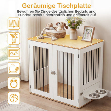 Dog Crate with Rotating Bowls & Lockable Door, White