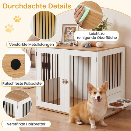 Dog Crate with Rotating Bowls & Lockable Door, White