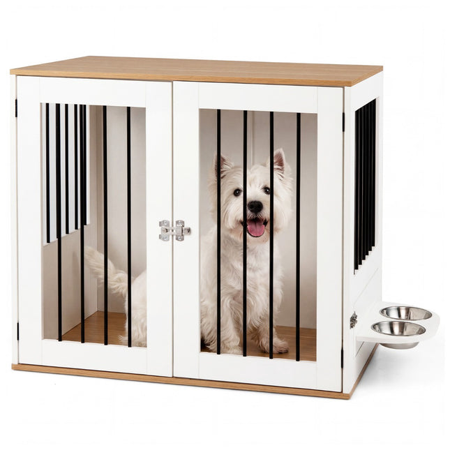 Dog Crate with Rotating Bowls & Lockable Door, White