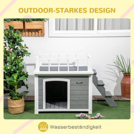 Elevated dog house with balcony and stairs - spruce wood