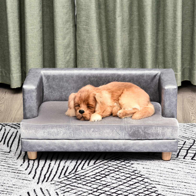 Comfortable gray pet sofa, artificial leather and plush, 68x41x32 cm