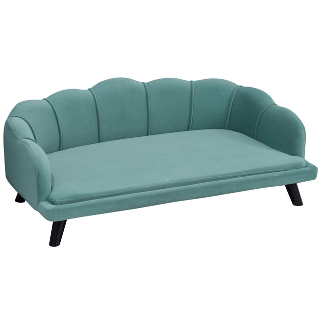 Pet sofa with backrest & wooden legs, soft fabric, green
