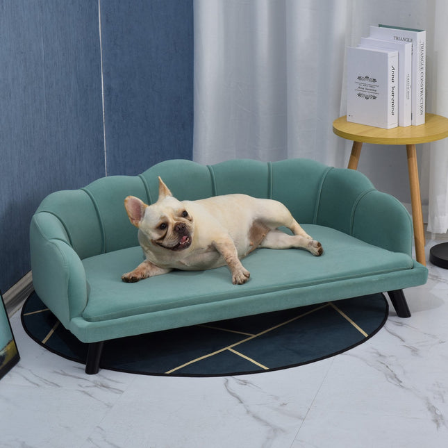 Pet sofa with backrest & wooden legs, soft fabric, green