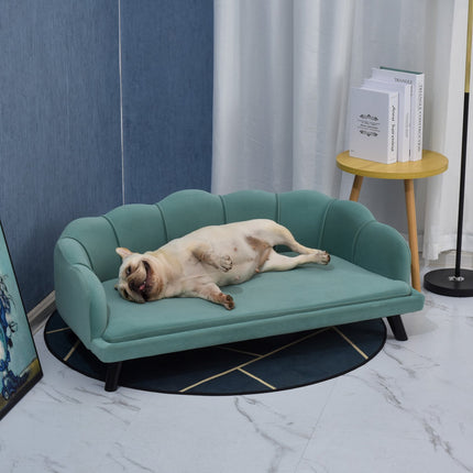 Pet sofa with backrest & wooden legs, soft fabric, green
