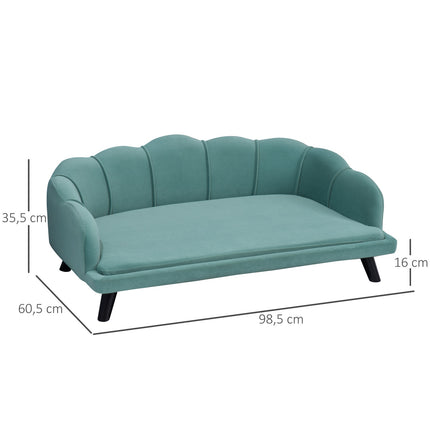 Pet sofa with backrest & wooden legs, soft fabric, green