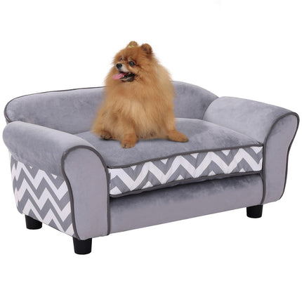 Gray velvet pet sofa with washable cushion and elevated feet
