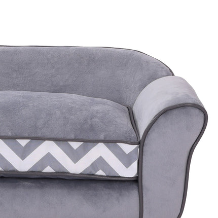 Gray velvet pet sofa with washable cushion and elevated feet