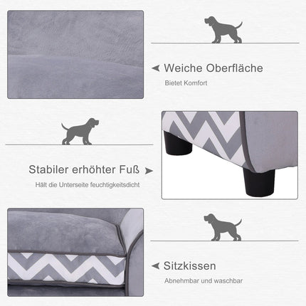 Gray velvet pet sofa with washable cushion and elevated feet