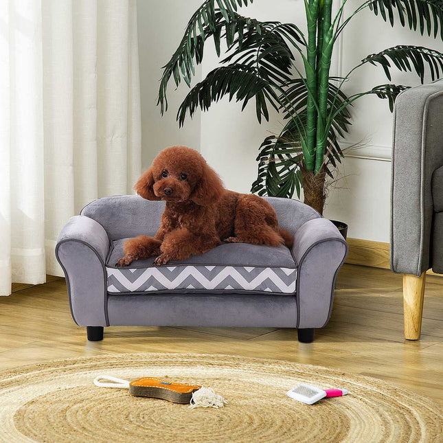 Gray velvet pet sofa with washable cushion and elevated feet