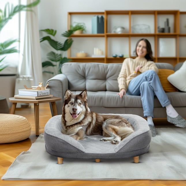 Gray dog sofa - washable cover, backrest, wooden legs